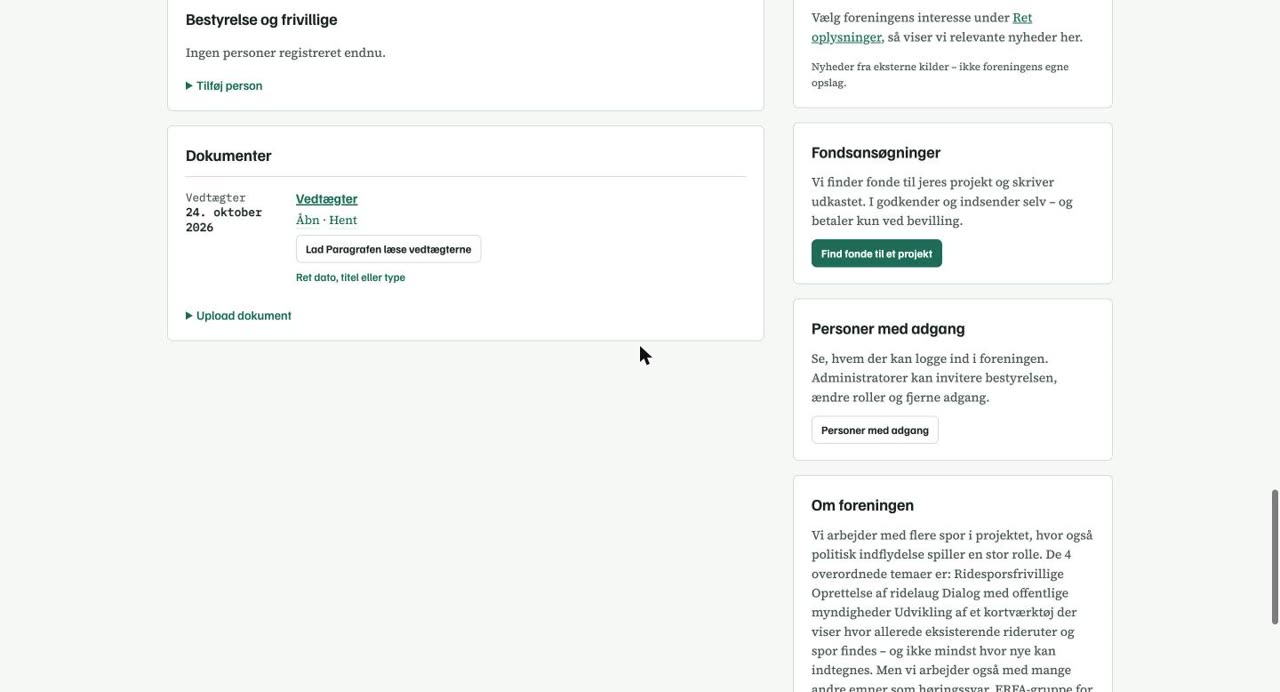 Kortet Dokumenter med en liste over foreningens dokumenter og knappen Upload dokument