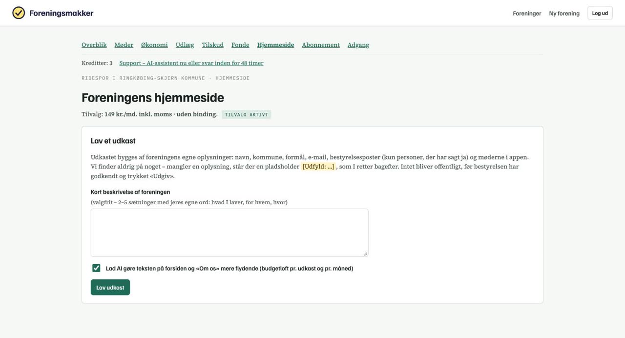 Siden Foreningens hjemmeside med feltet Kort beskrivelse og knappen Lav udkast
