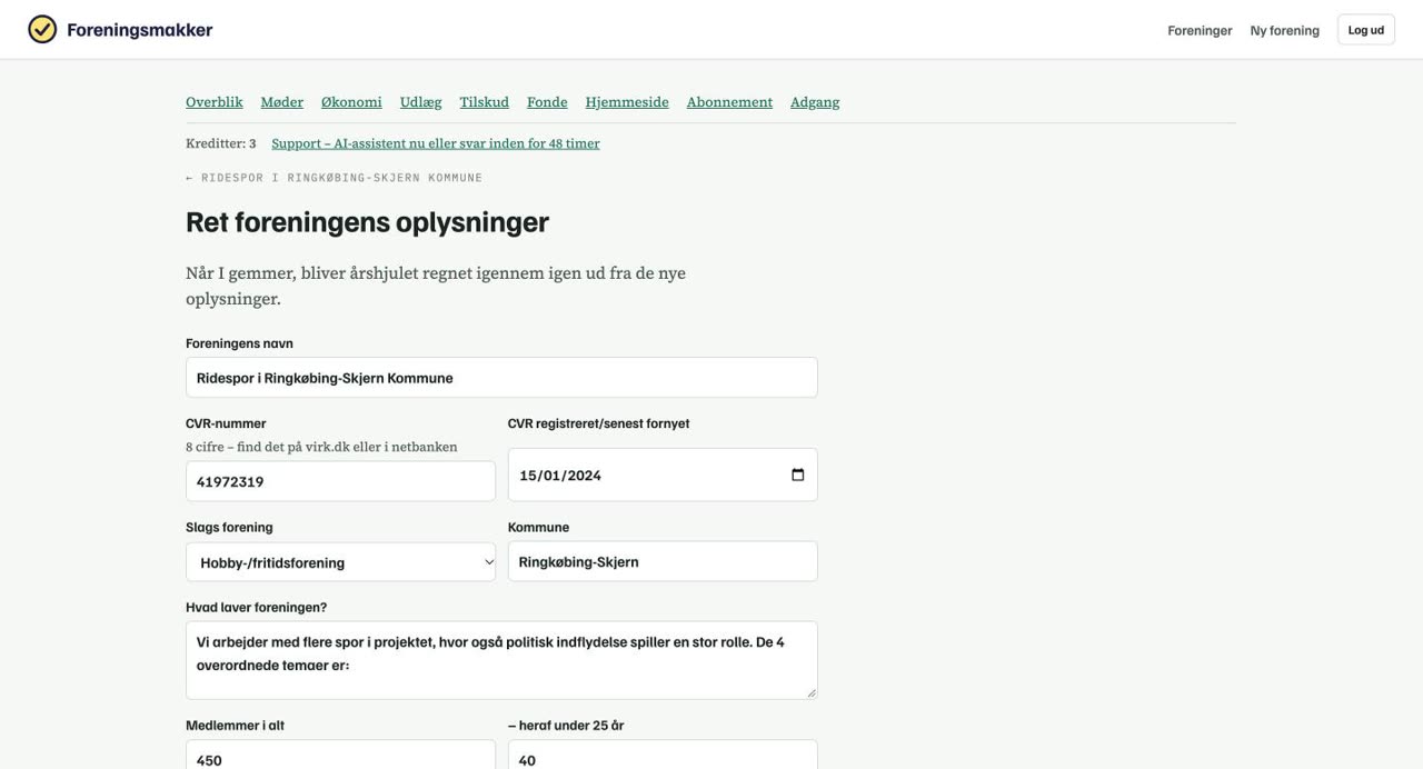 Formularen Ret foreningens oplysninger med felter for formål, medlemstal og varsler