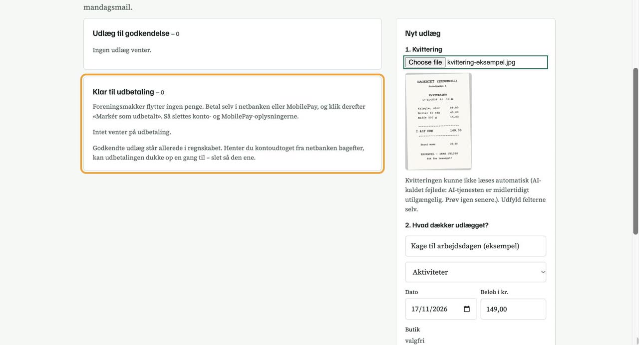 Kassererens liste med udlæg til godkendelse og klar til udbetaling