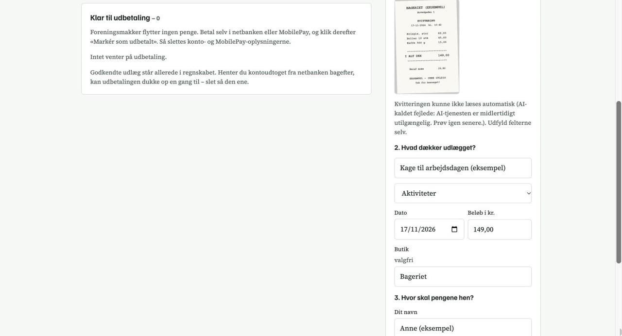 Formularen Nyt udlæg med kvitteringsfoto og felter for tekst, dato, beløb og butik